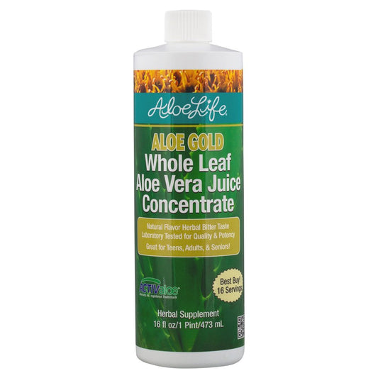 Aloe Life Whole Leaf Aloe Vera Juice 16 oz bottle with Aloe Gold label