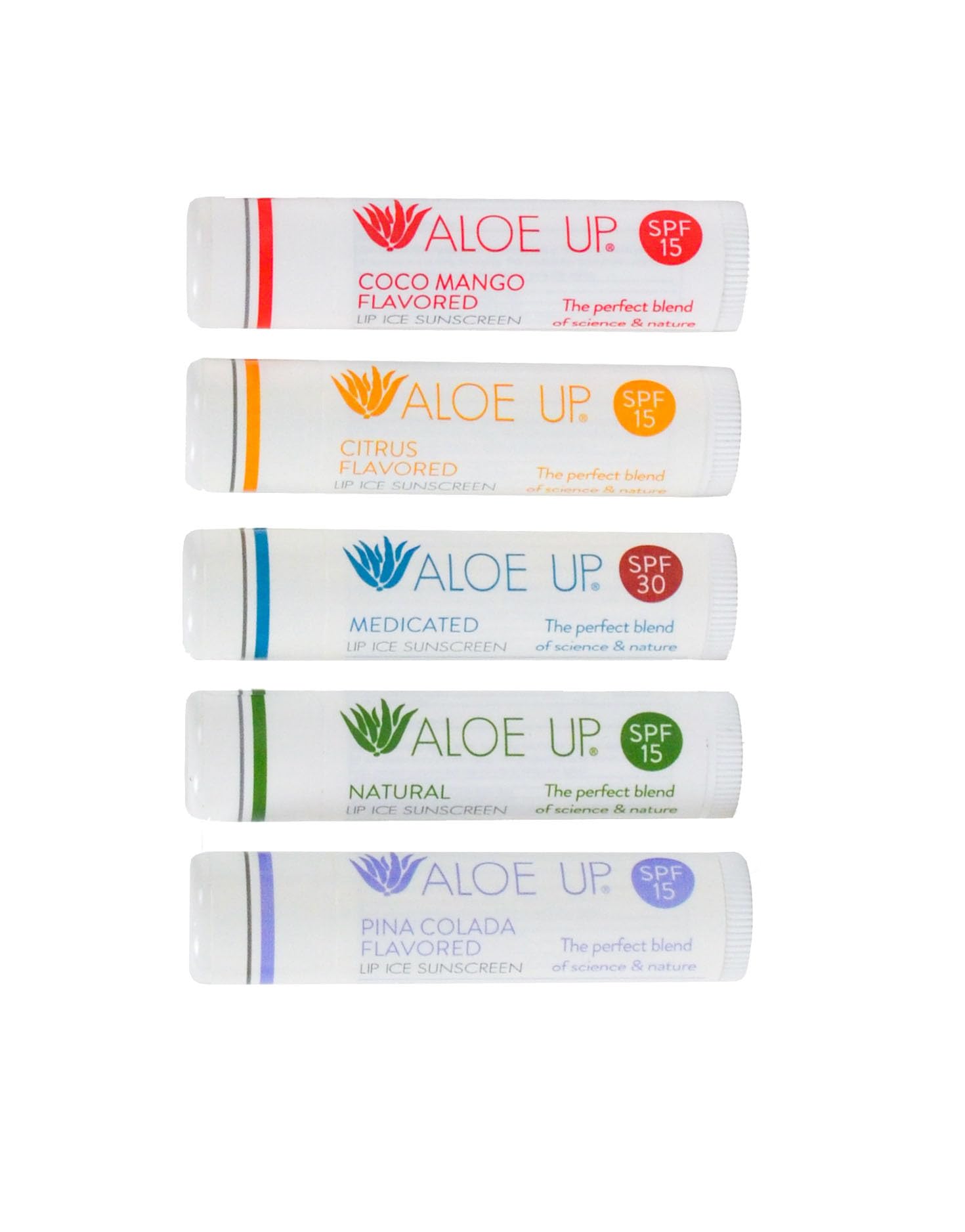 A Aloe Up Lip Ice 5-pack front view showing SPF lip balms for daily sun protection