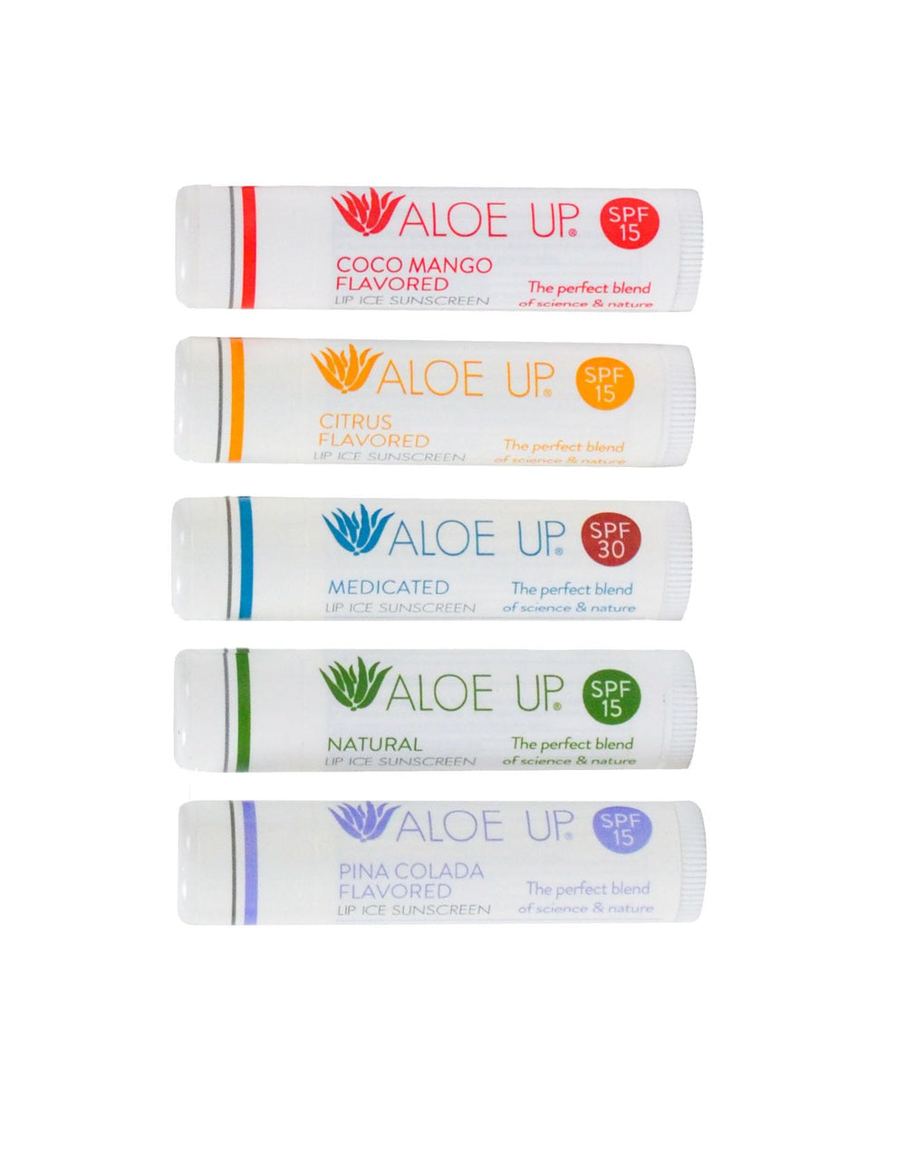 A Aloe Up Lip Ice 5-pack front view showing SPF lip balms for daily sun protection