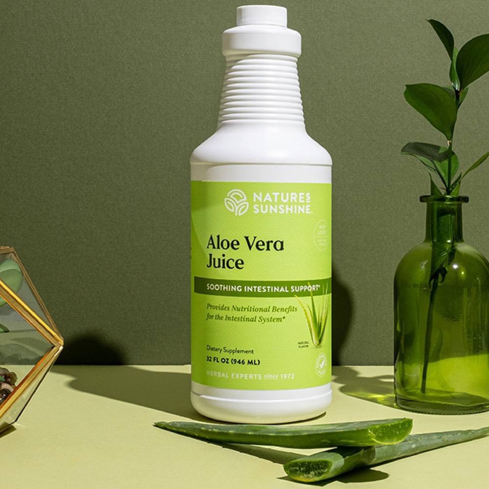 Close-up of Aloe Vera juice label on Nature's Sunshine bottle