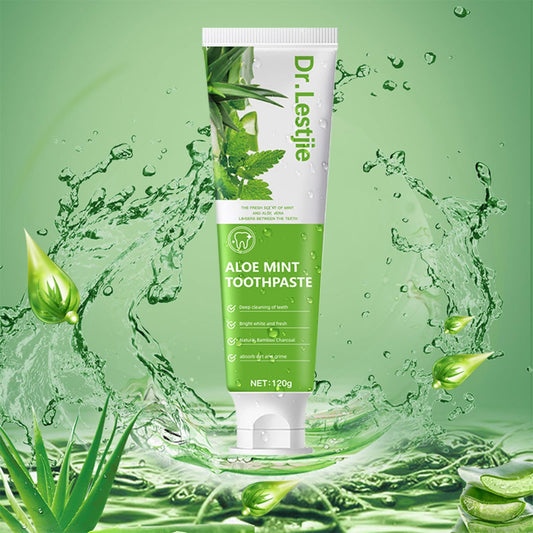Toothpaste tube showing Aloe Vera and Mint ingredients