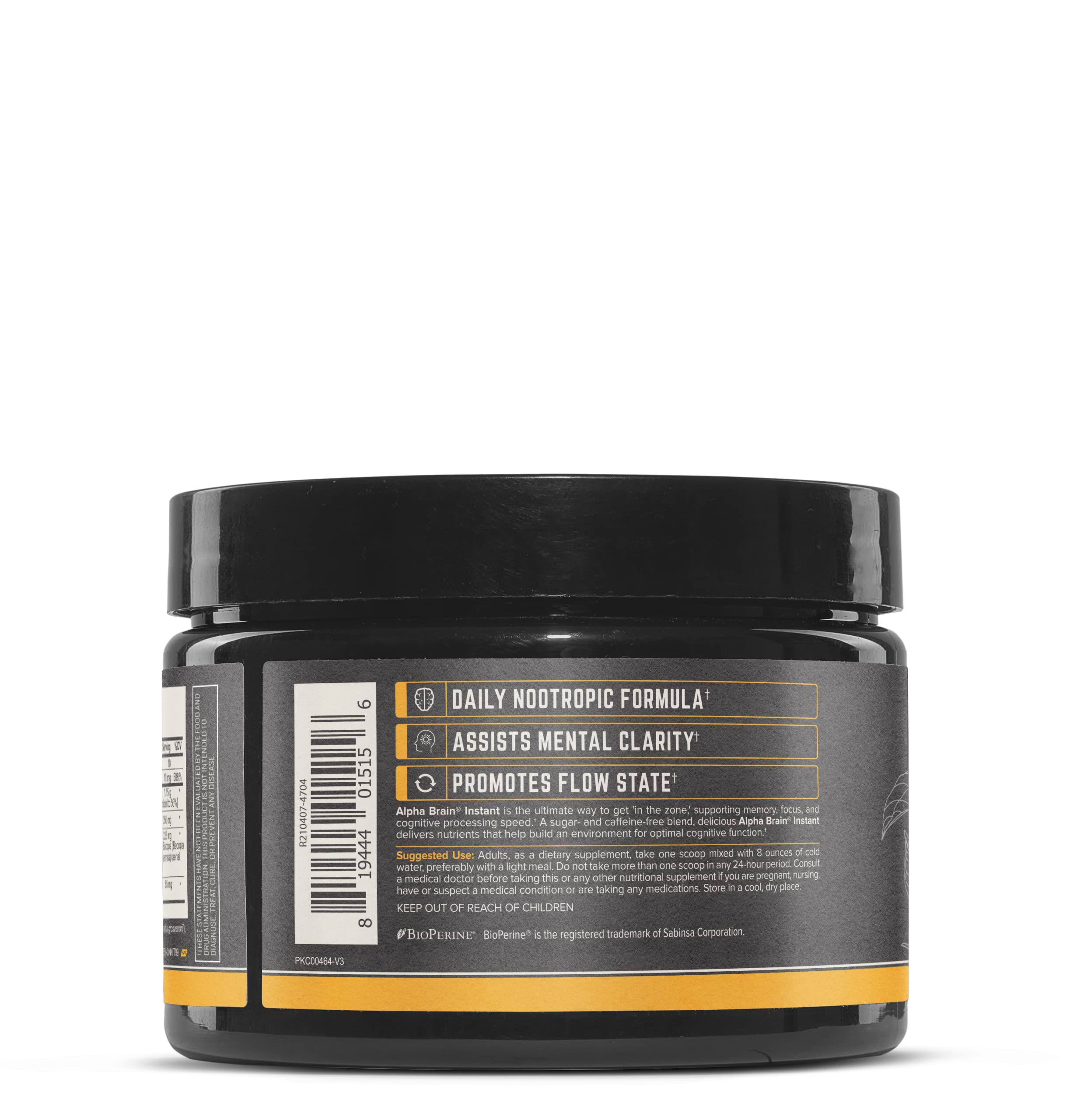 Peach-flavored Alpha BRAIN Instant drink mix scoop and powder