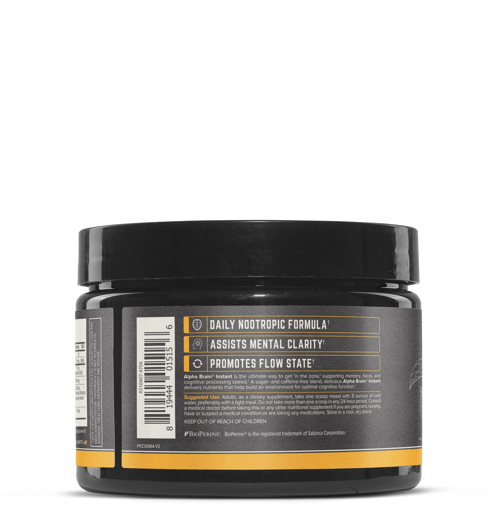 Peach-flavored Alpha BRAIN Instant drink mix scoop and powder