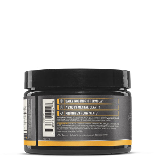 Peach-flavored Alpha BRAIN Instant drink mix scoop and powder