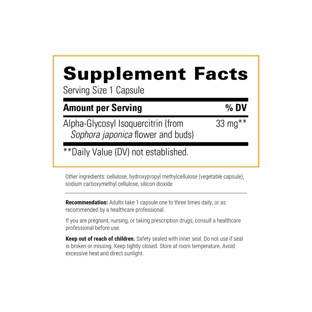 Product label for Integrative Therapeutics Alpha-Glycosyl Isoquercitrin bottle