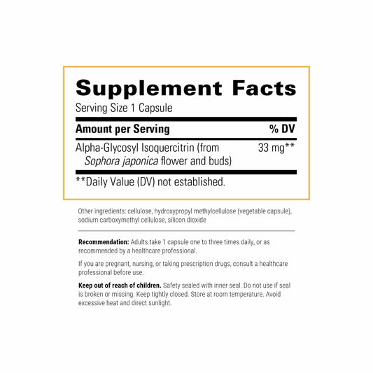 Product label for Integrative Therapeutics Alpha-Glycosyl Isoquercitrin bottle