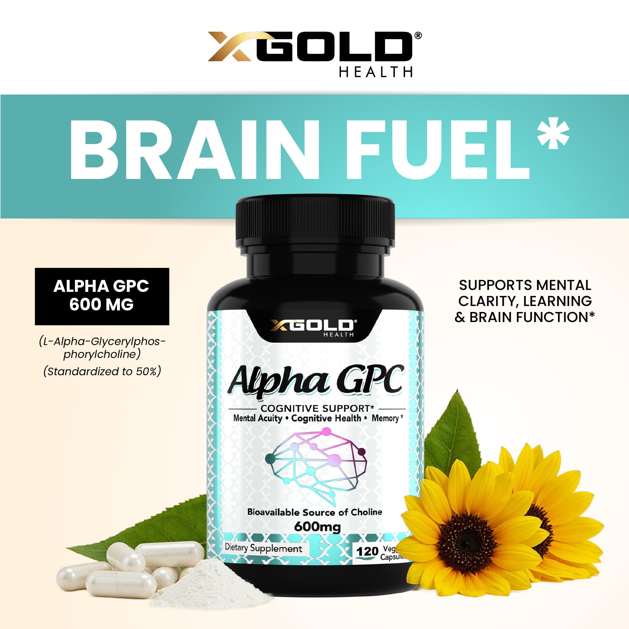 Front view of Alpha GPC Choline 600mg bottle
