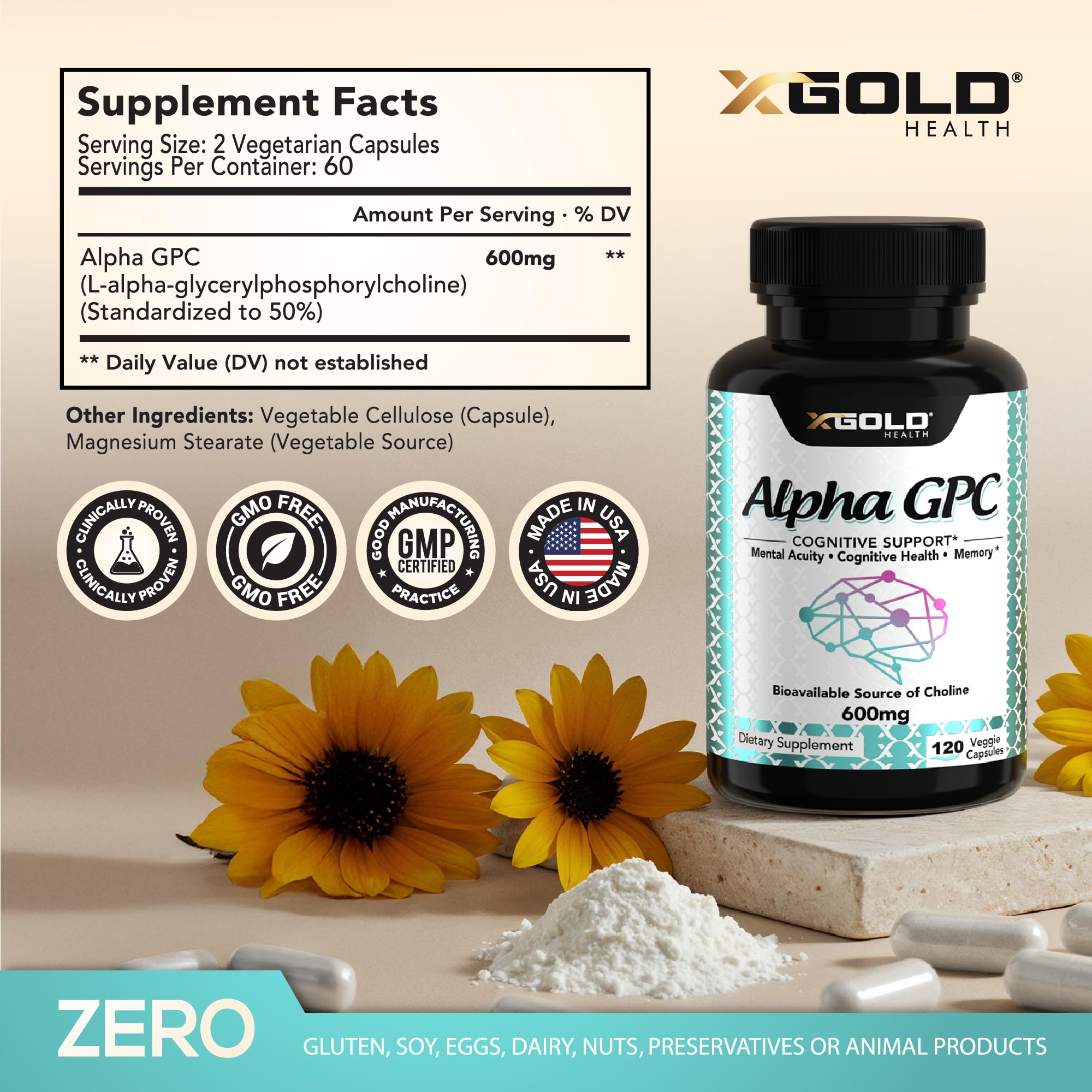 120 vegan capsules of Alpha GPC Choline 600mg