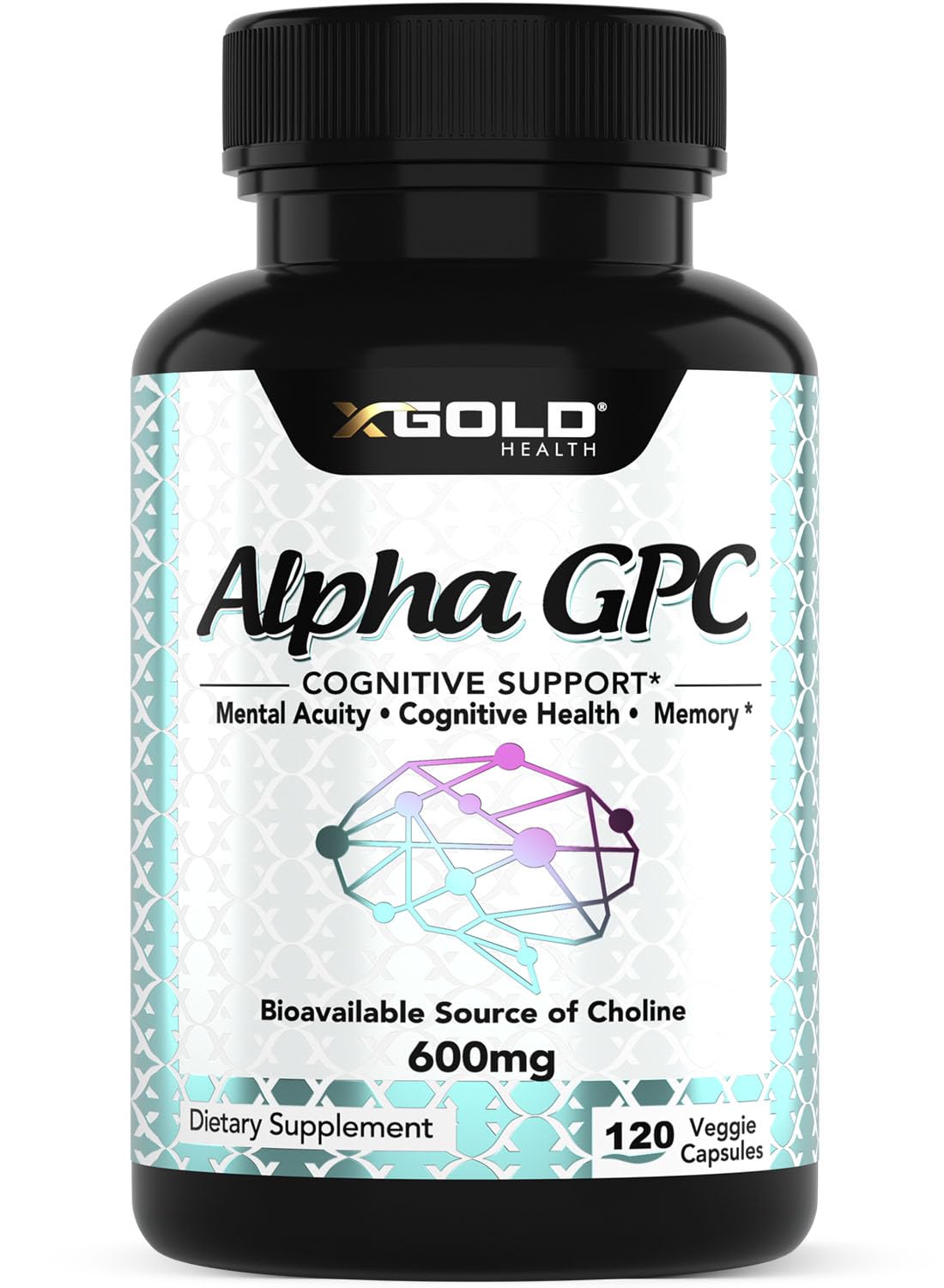 Alpha GPC Choline 600mg label on bottle