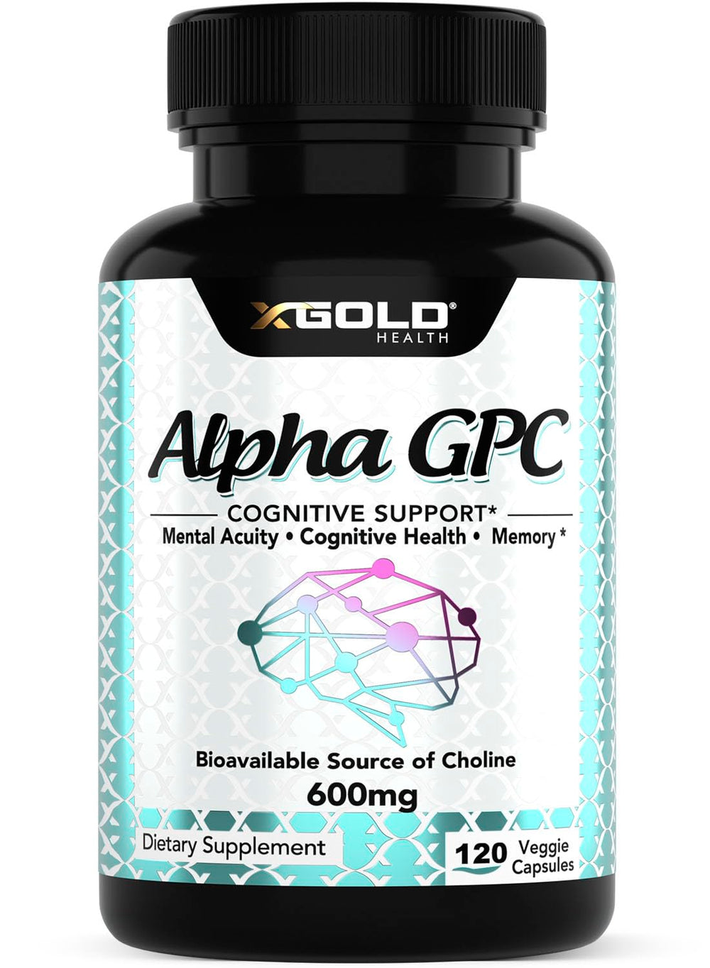 Alpha GPC Choline 600mg label on bottle