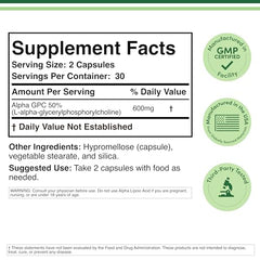 Back label of Alpha GPC Choline bottle