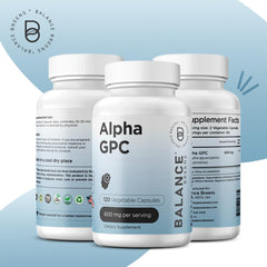 Capsules arranged beside the Alpha GPC bottle
