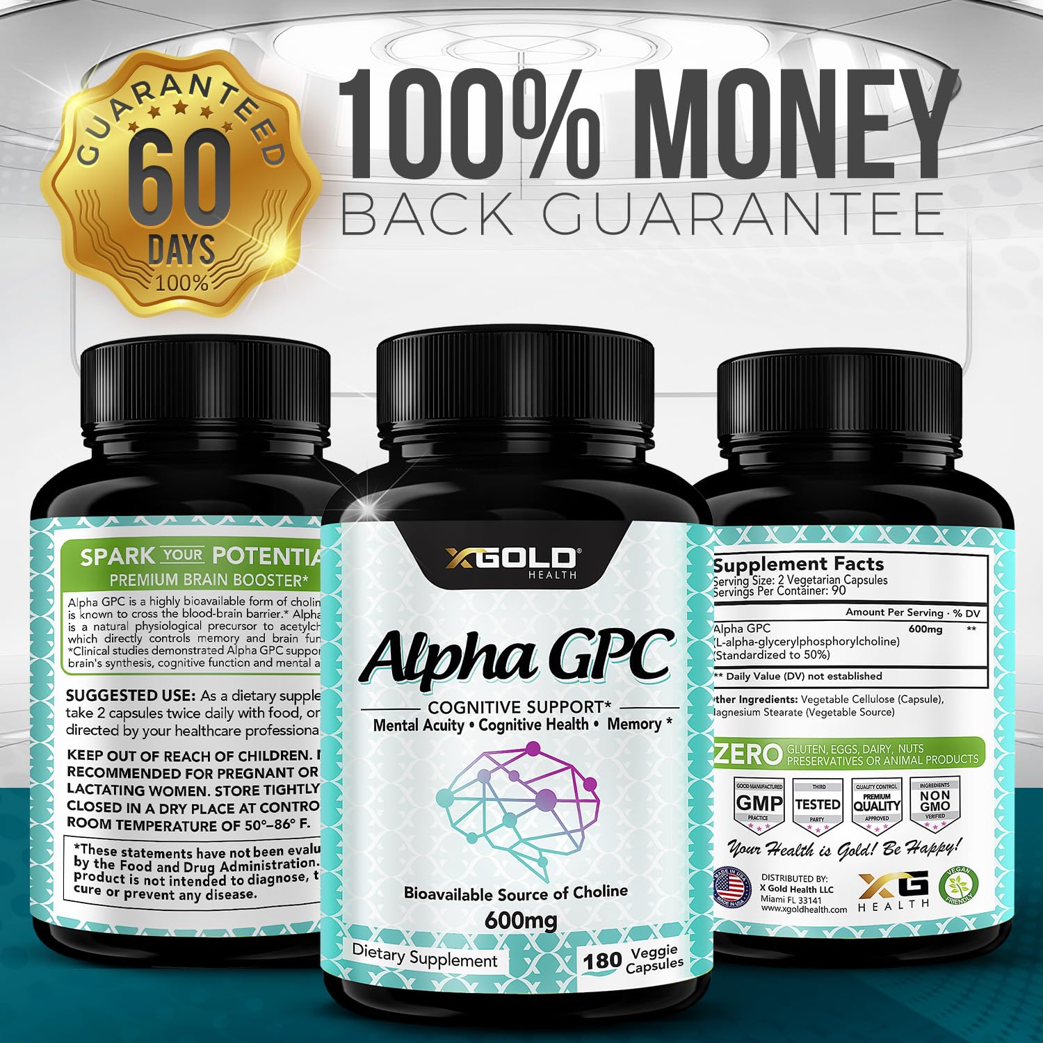 Alpha GPC supplement packaging bottle and label