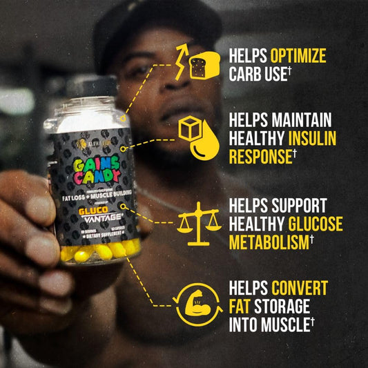 Close-up of Gains Candy label showing GlucoVantage DHB