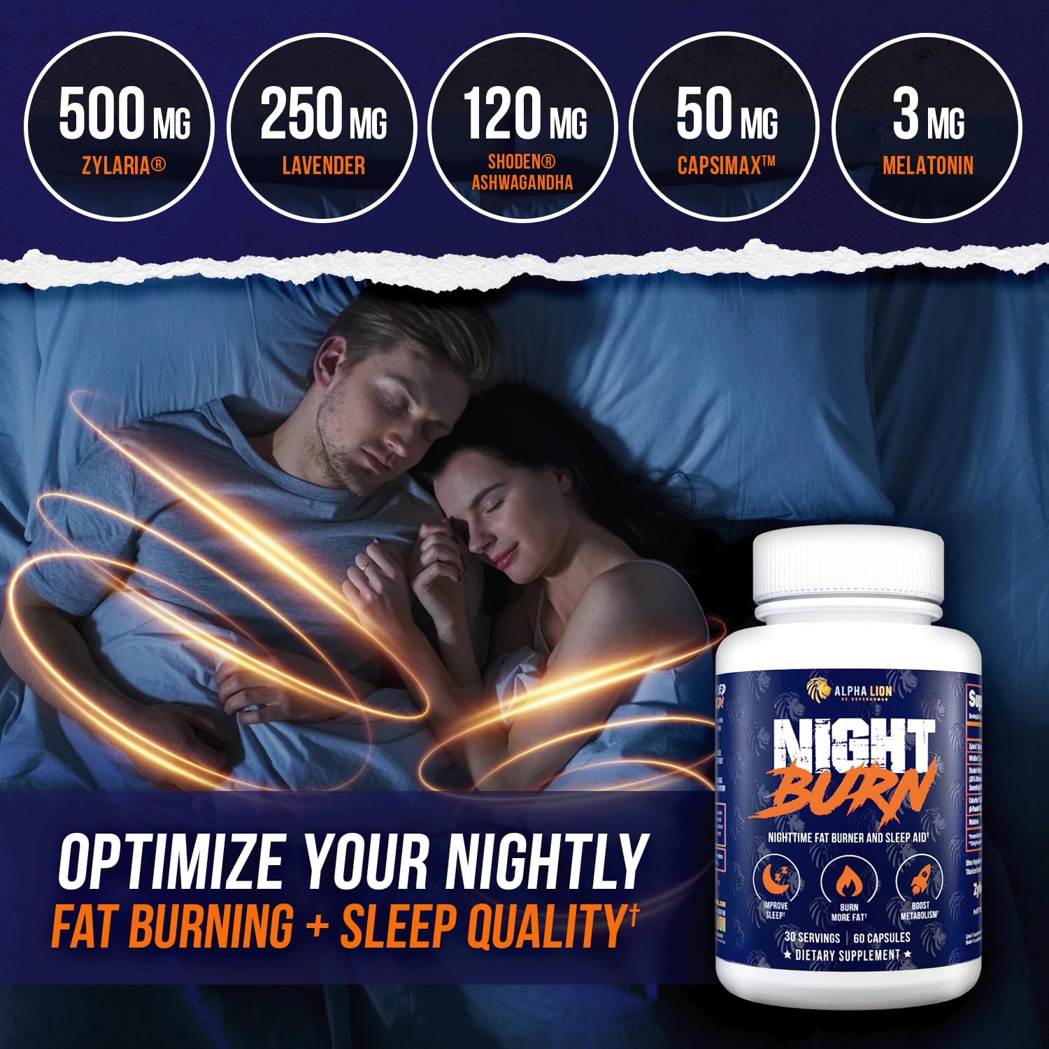 ALPHA LION Night Burn capsules ready for a nightly routine