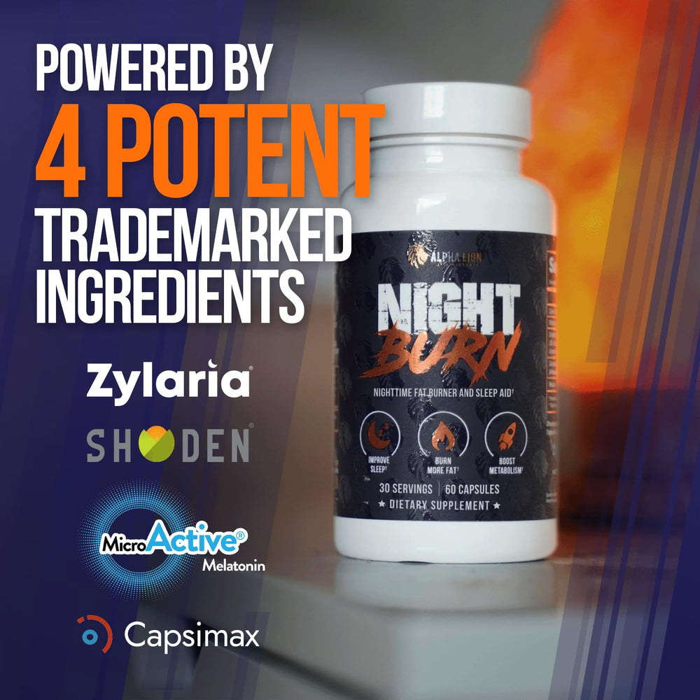 ALPHA LION Night Burn packaging with glass conveys premium wellness