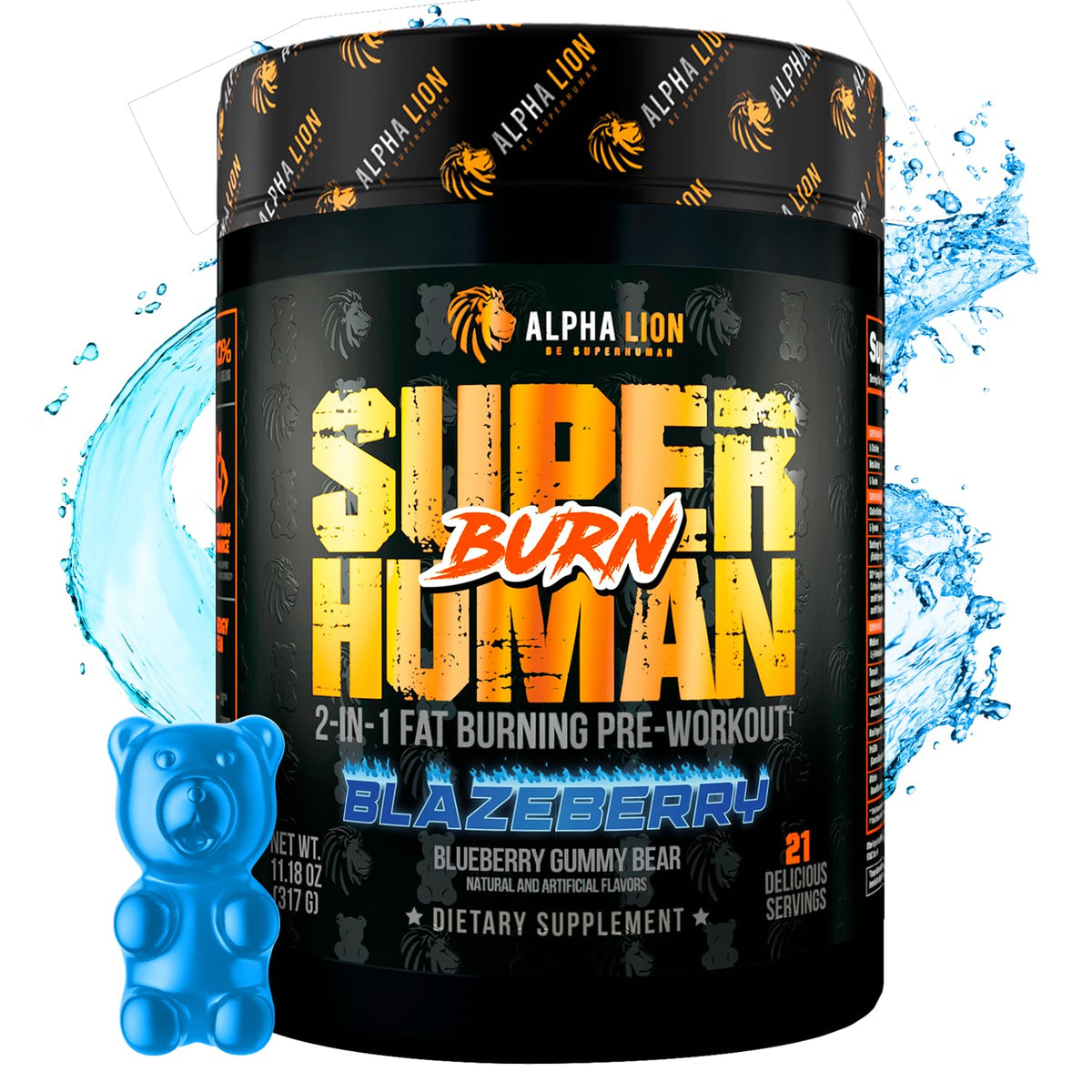 Front label of ALPHA LION Superhuman Burn canister
