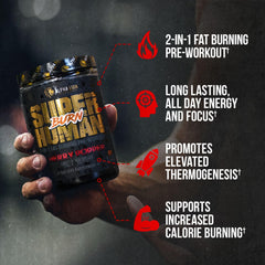 ALPHA LION Superhuman Burn tub front highlighting 2-in-1 formula for workouts
