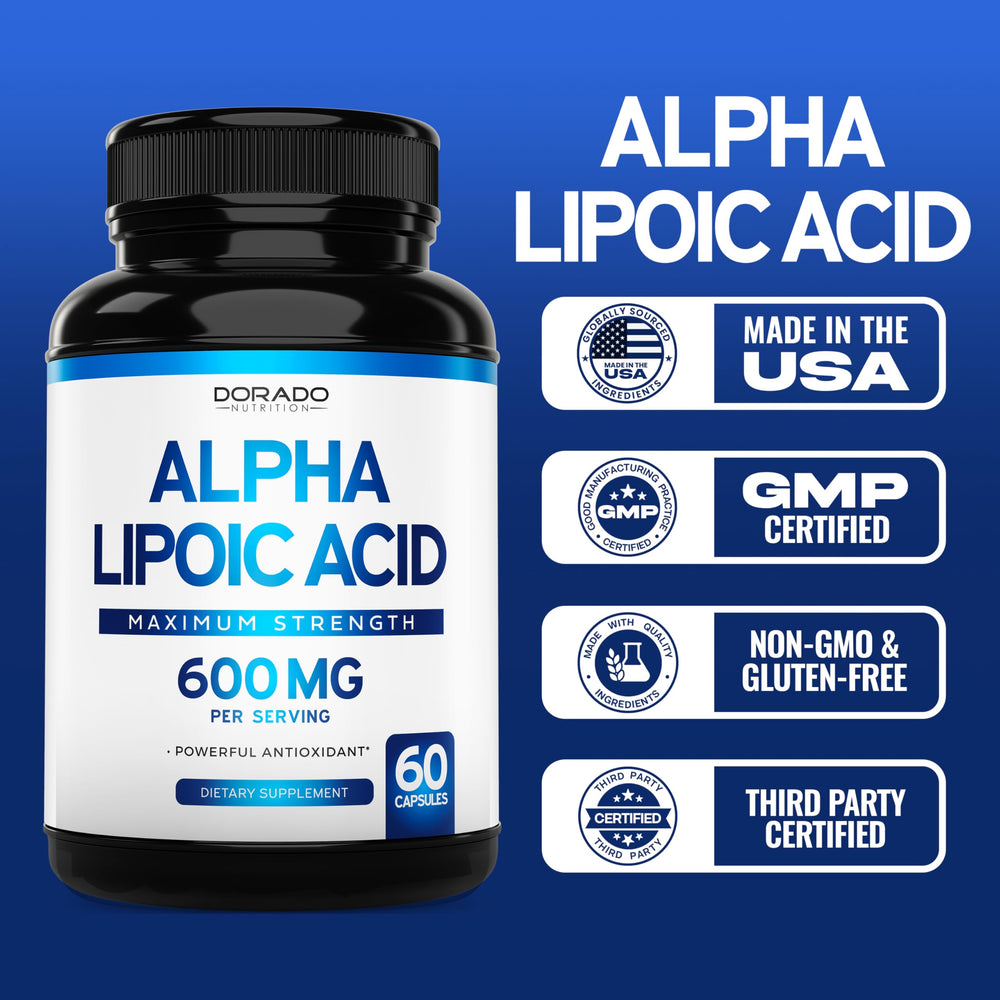 Gluten-free, non-GMO, vegan packaging of Alpha Lipoic Acid 600mg