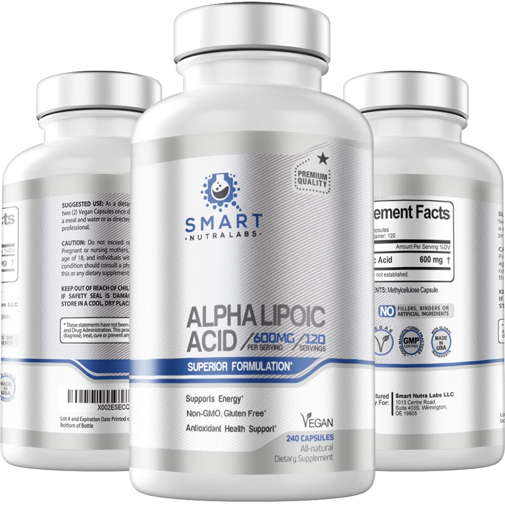 Product label showing Alpha Lipoic Acid 600mg per serving