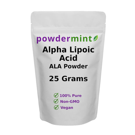 Front view of Alpha Lipoic Acid Powder RS-ALA in a jar