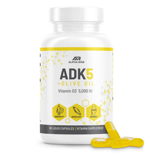 Alpha Rise ADK vitamin supplement bottle with olive oil capsules