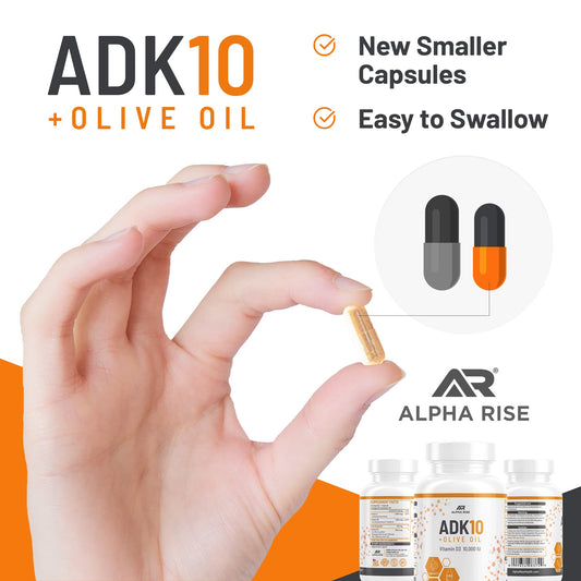 Close-up of D3 10,000 IU vitamin supplement on the ADK10 bottle