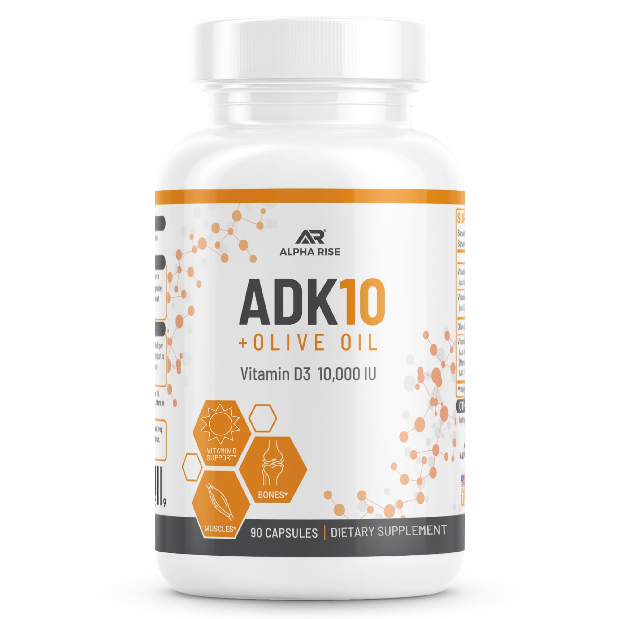 Alpha Rise ADK10 Vitamin Supplement bottle with olive oil capsules