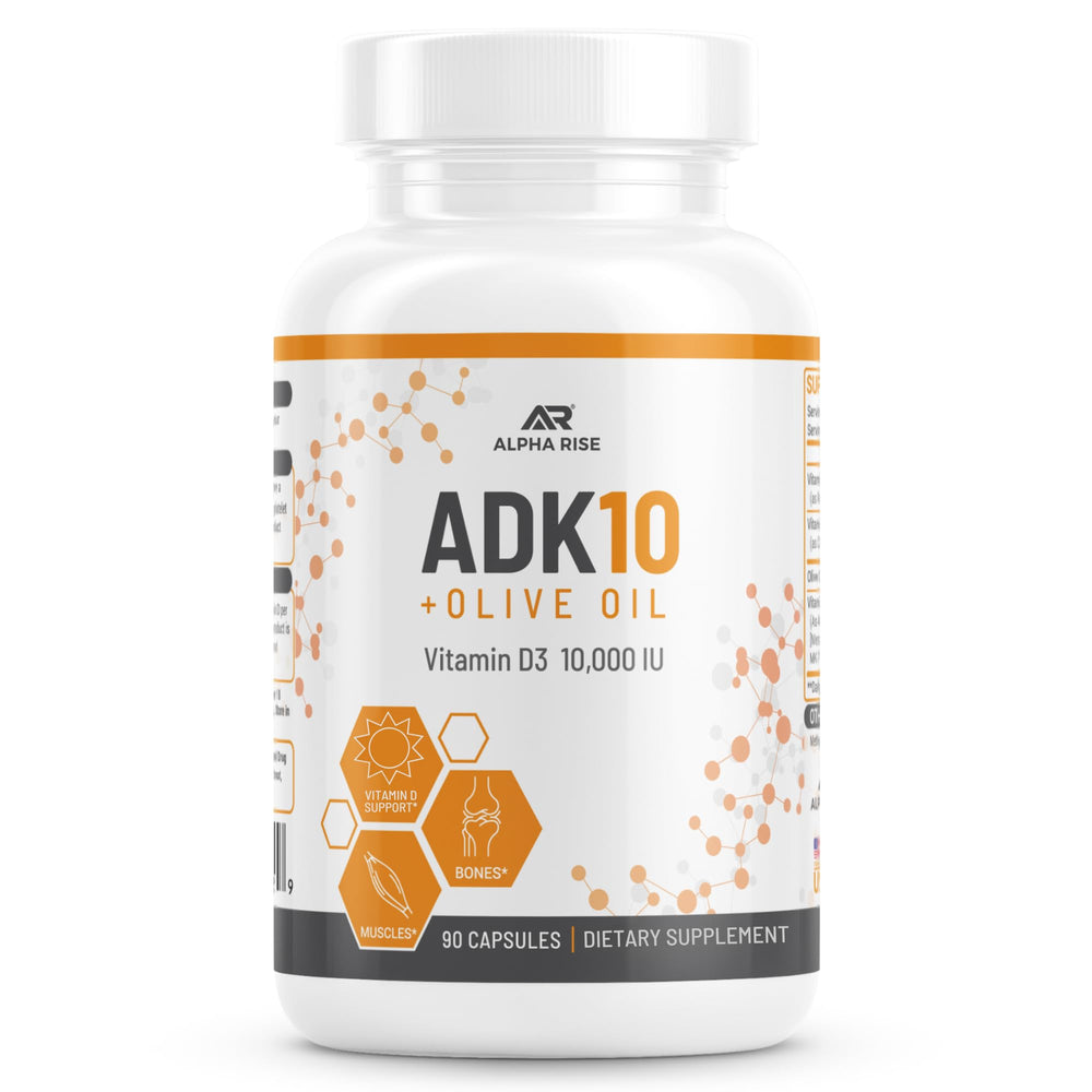 Alpha Rise ADK10 Vitamin Supplement bottle with olive oil capsules