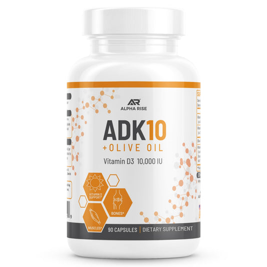 Alpha Rise ADK10 Vitamin Supplement bottle with olive oil capsules