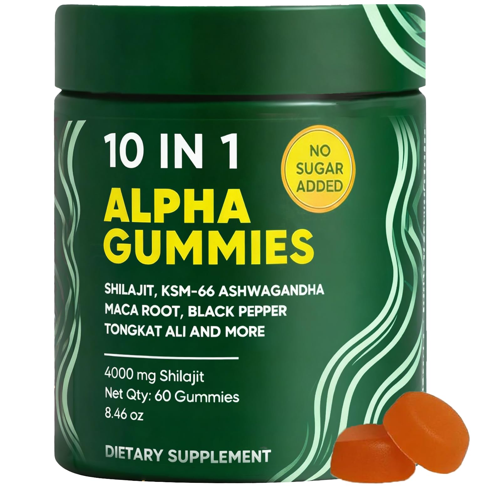 Bottle of 10 in 1 Alpha Shilajit Gummies 4000mg on a white background