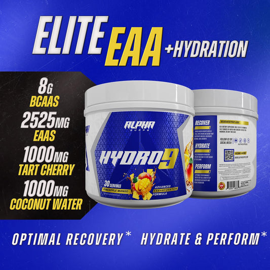 Hydro 9 Aminos Pineapple Mango scoop beside tub