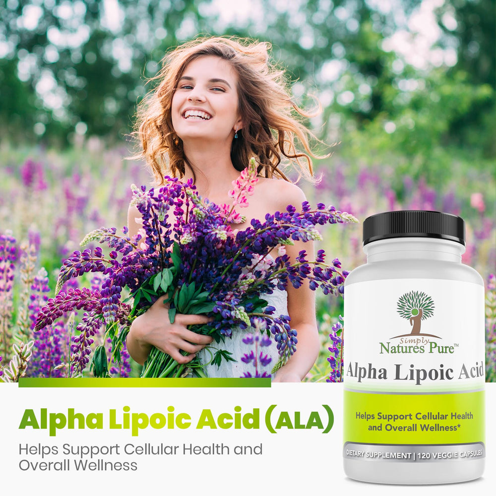 Front view of alpha lipoic acid bottle.