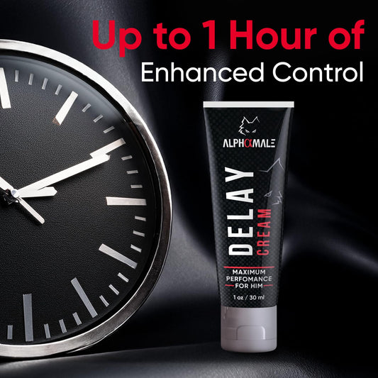 AlphaMale Delay Cream application in hand suggests easy, quick topical timing support.