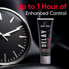 AlphaMale Delay Cream application in hand suggests easy, quick topical timing support.