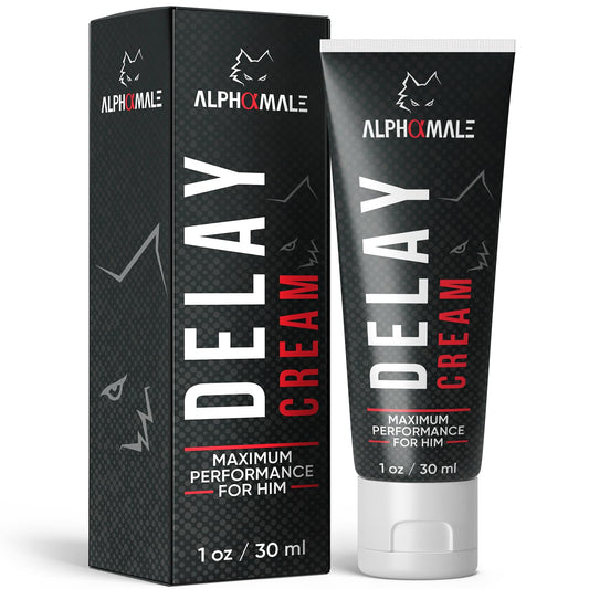 AlphaMale Delay Cream bottle demonstrates discreet, confidence-boosting use for intimate moments.