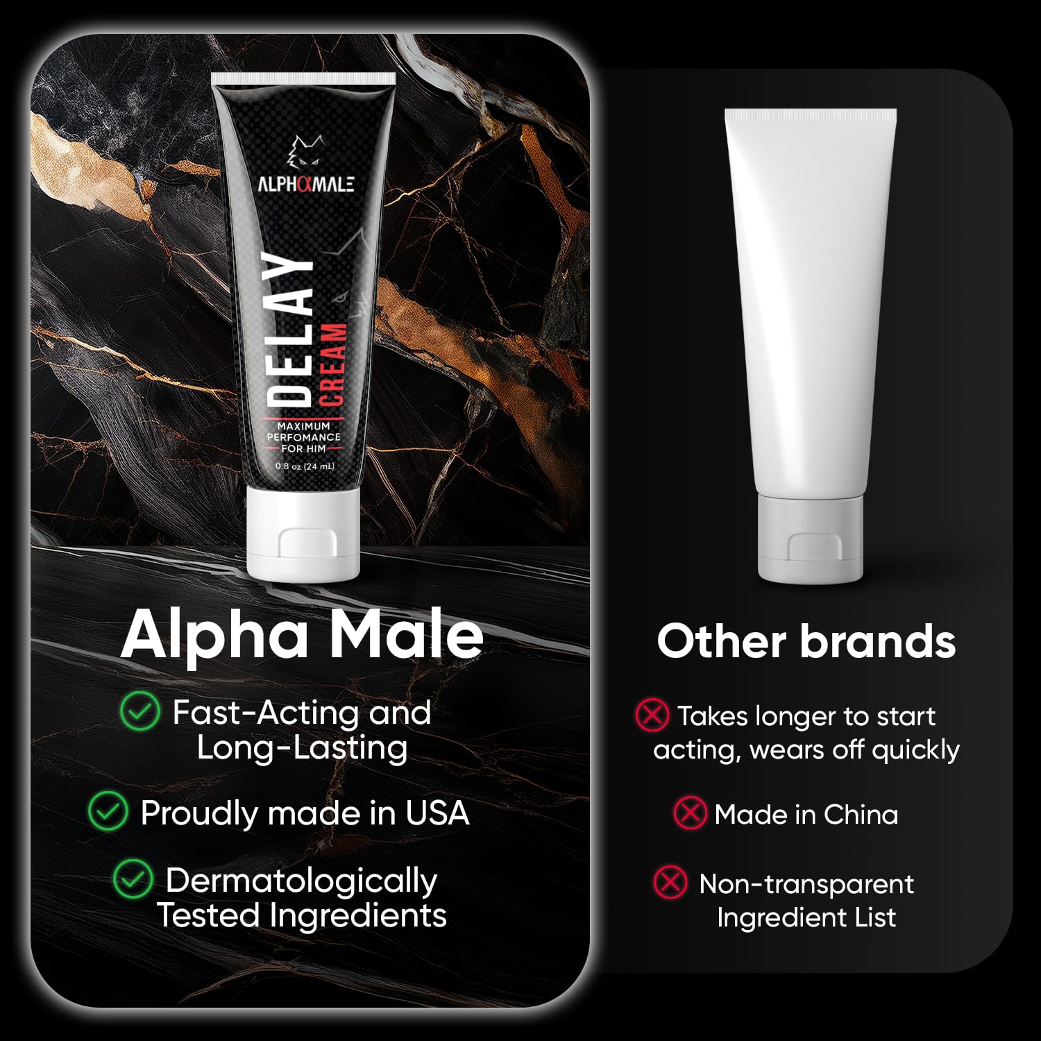 AlphaMale Delay Cream closeup suggests smooth, non-irritating topical feel.