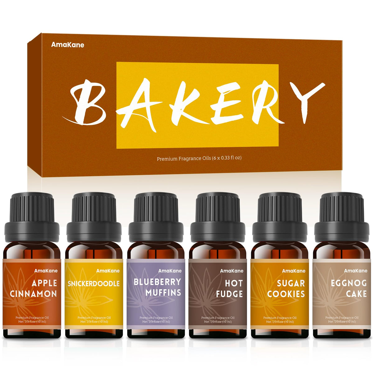 AmaKane front packaging showing all six bakery fragrance bottles and labels benefits clarity