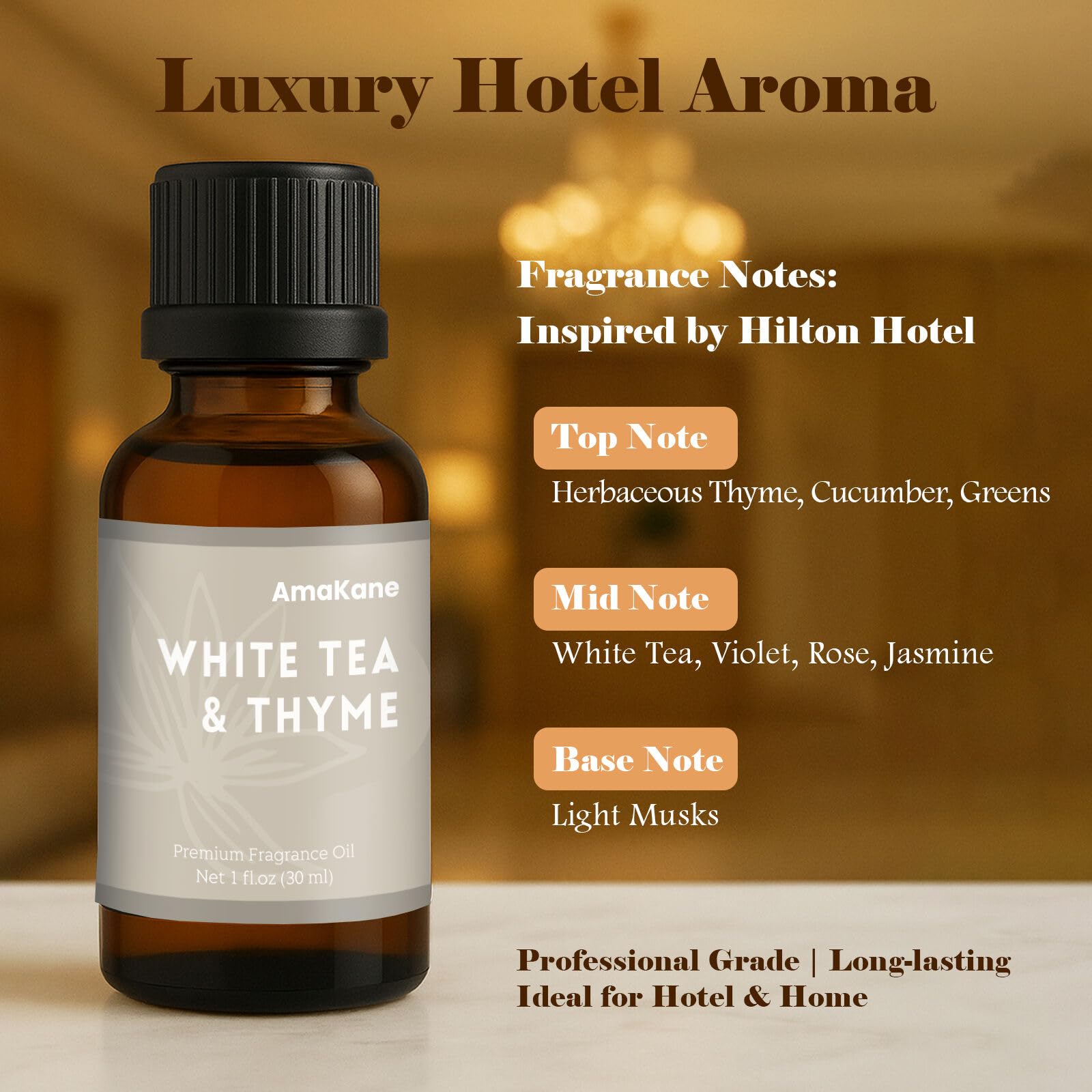 Hotel-inspired fragrance notes of white tea and thyme