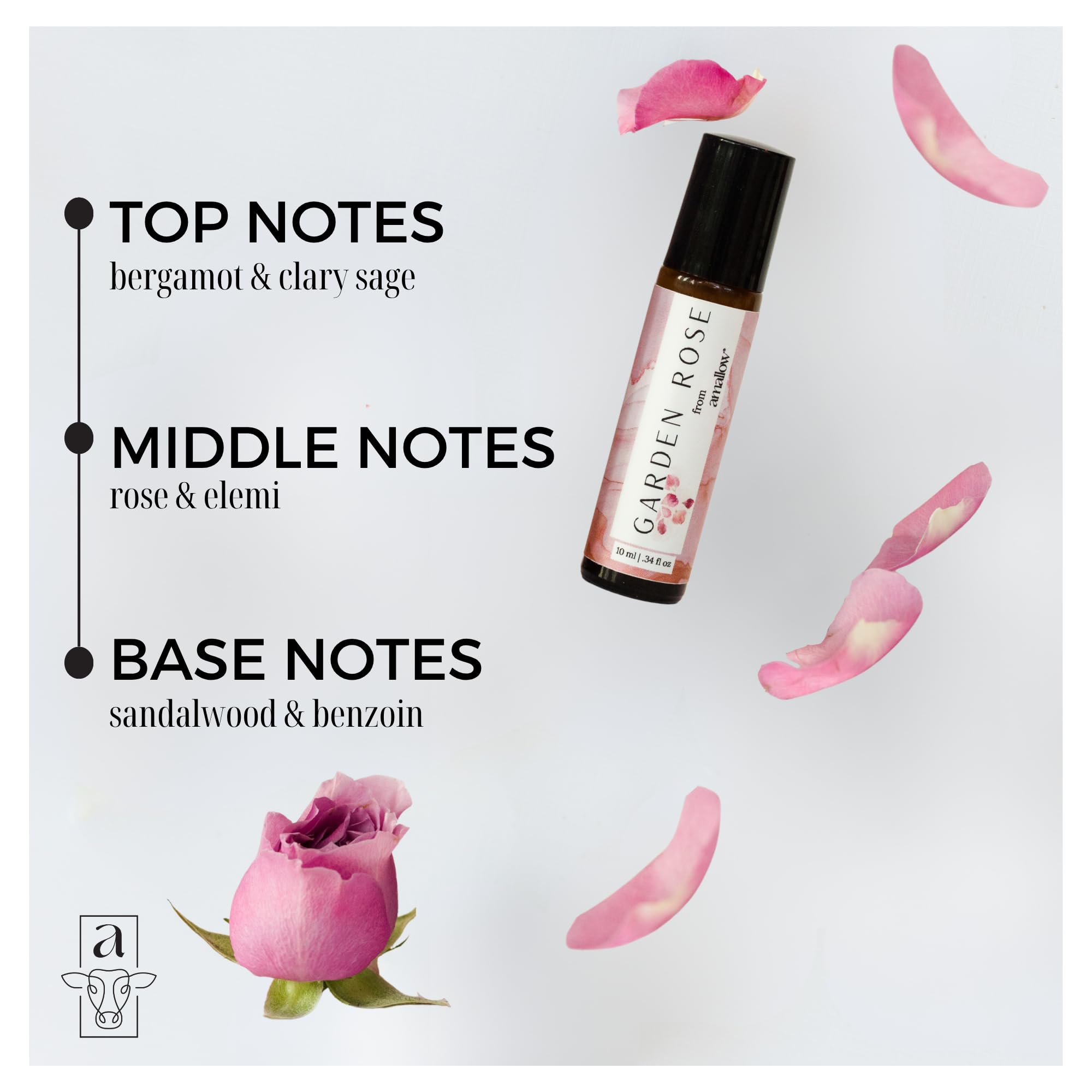 Close-up of Garden Rose blend: rose, sandalwood, elemi, clary sage