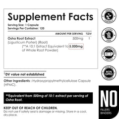 Close-up of Amalth OSHA Root capsules, 100% vegetarian