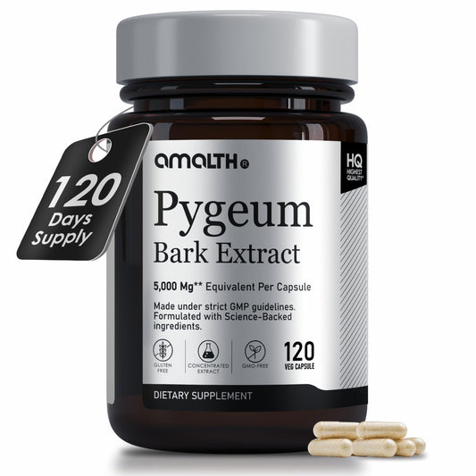 Amalth Pygeum Bark Extract Powder bottle with capsules – 6.5% phytosterols