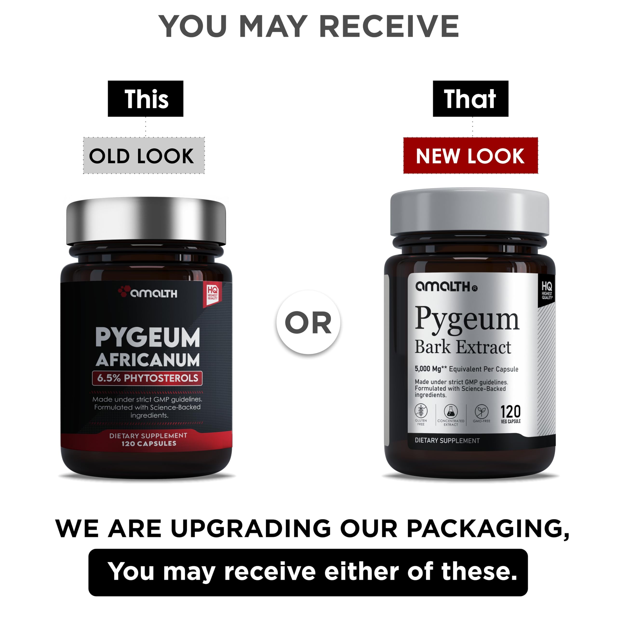 Non-GMO and allergen-free label on Amalth Pygeum supplement