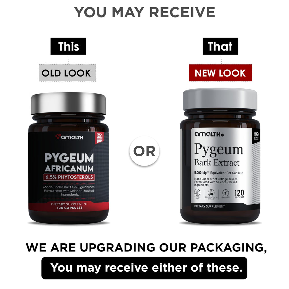 Non-GMO and allergen-free label on Amalth Pygeum supplement