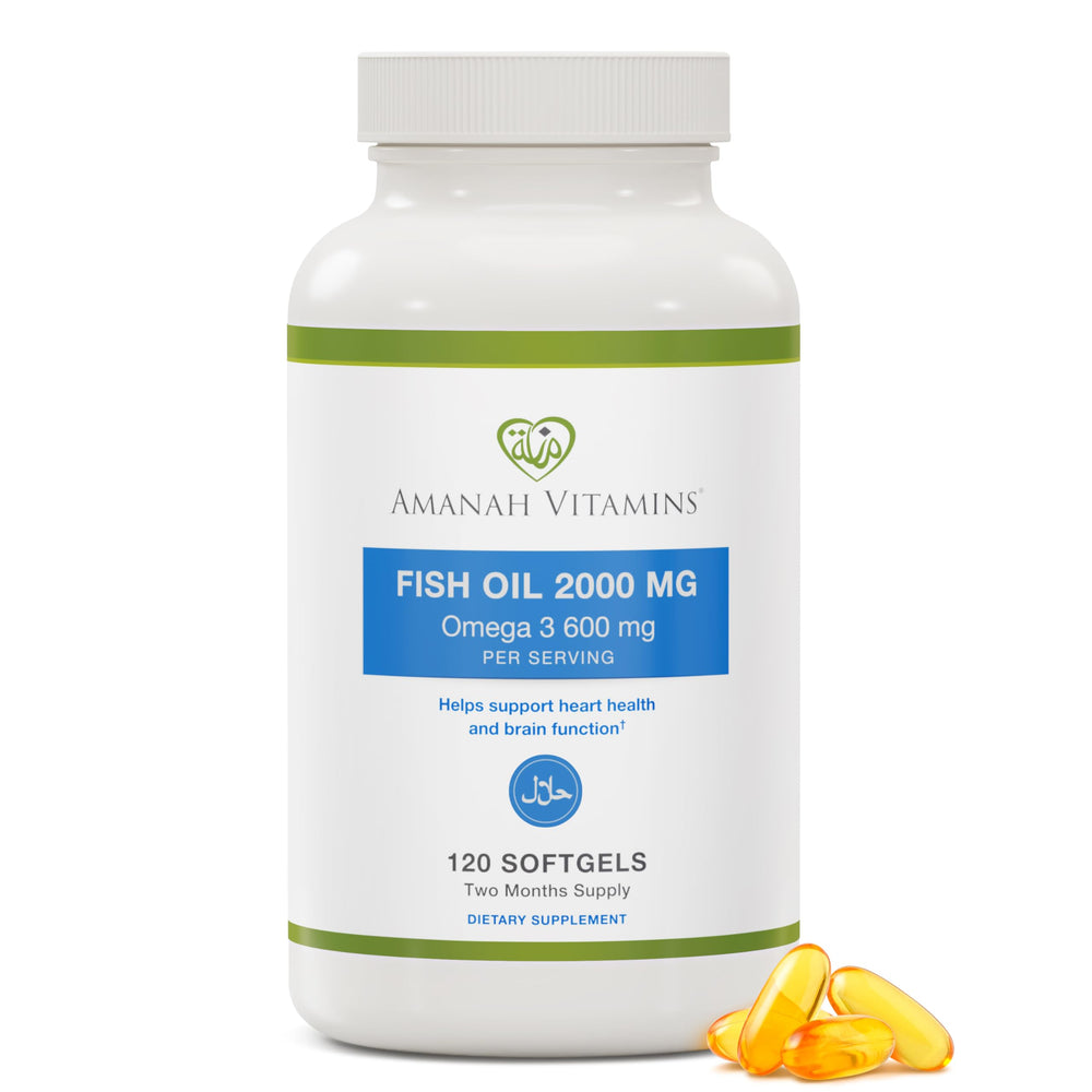 Amanah Vitamins Halal Omega-3 Fish Oil bottle with ISNA certification