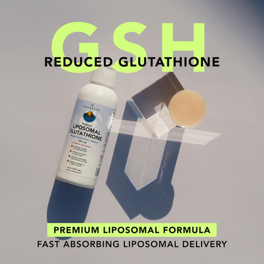Close-up of AMANDEAN Glutathione liquid bottle and dropper