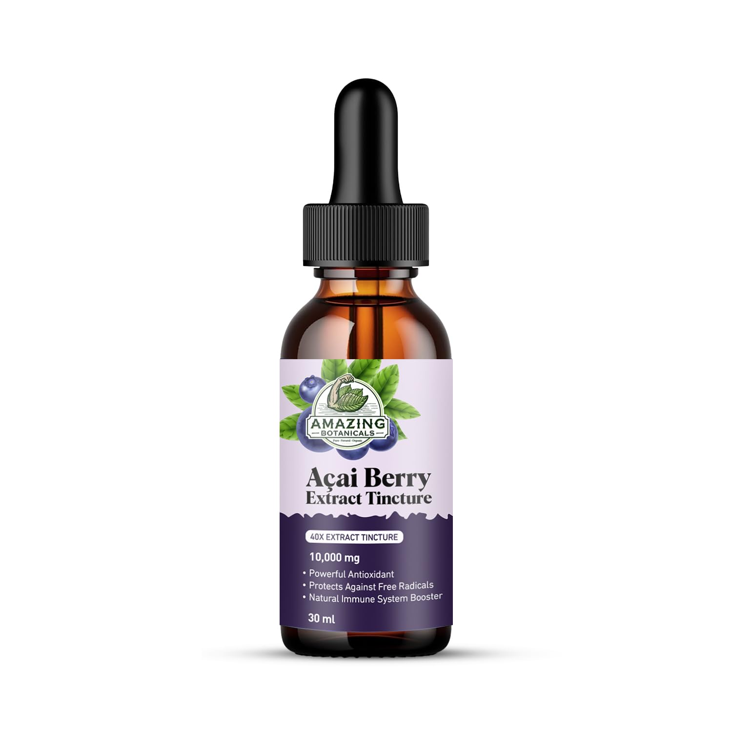 Bottle of Amazing Botanicals Acai Berry Tincture 10,000 mg with dropper, 30ml