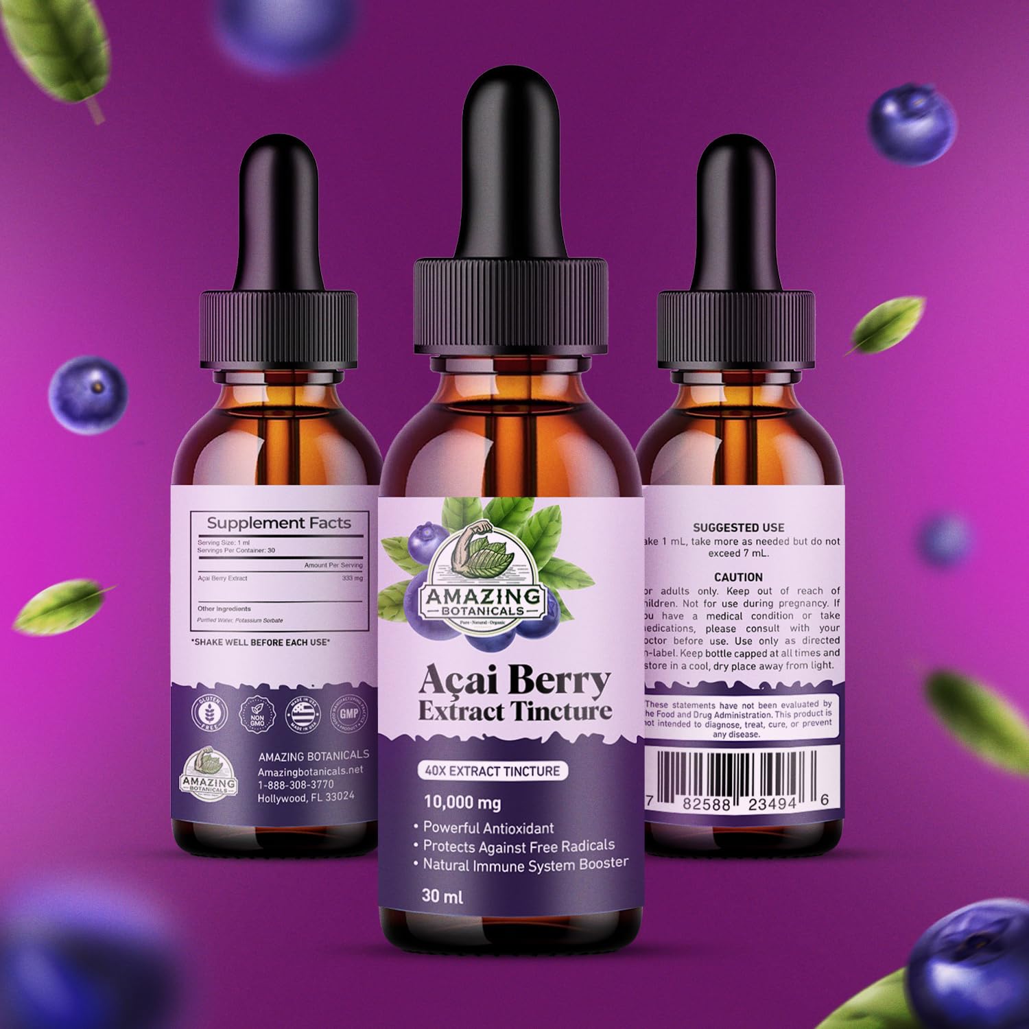 Label on Acai Berry tincture indicating vegan & non-GMO