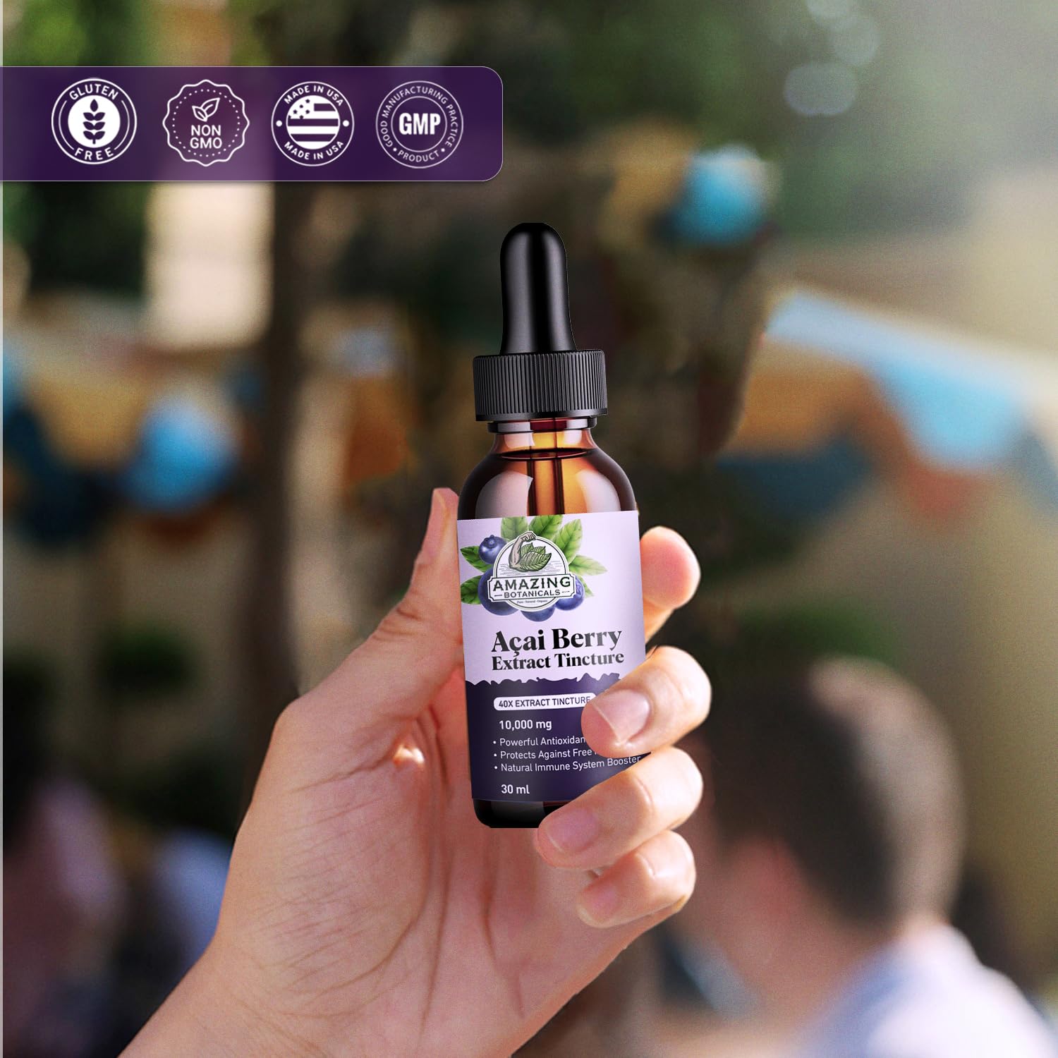 Product packaging showing Amazing Botanicals Acai Berry Tincture 30ml