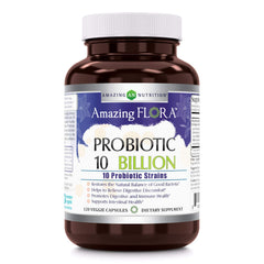 Amazing Flora Probiotic bottle showing 10 billion CFU and 10 strains in veggie capsules (120 count)